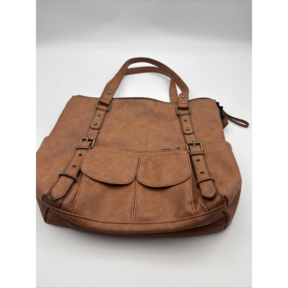 Oversized Brown Vegan Leather Tote Bag Shoulder Handbag Multi Pocket Zip Top